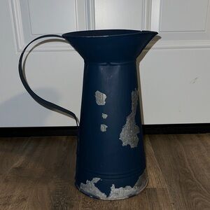 Blue Metal Pitcher Vase with Distressed Silver Patina